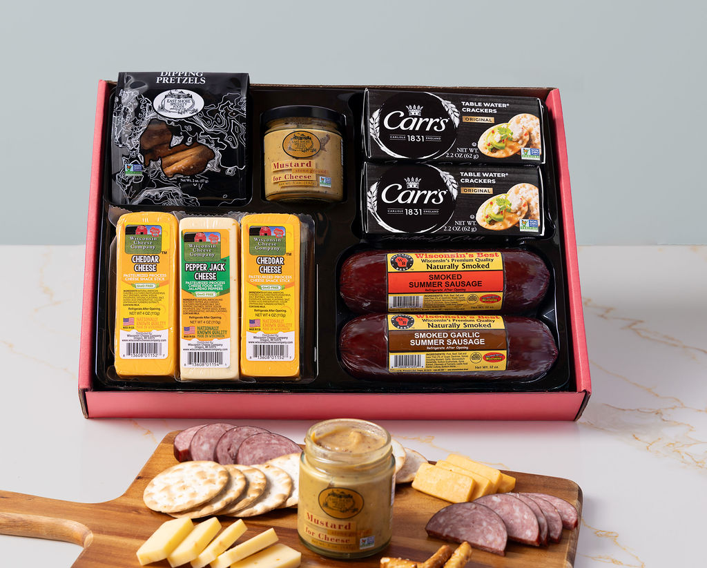 Classic Deluxe Cheese, Sausage, Cracker and Gourmet Dipping Gift Box - A Great Charcuterie Gift