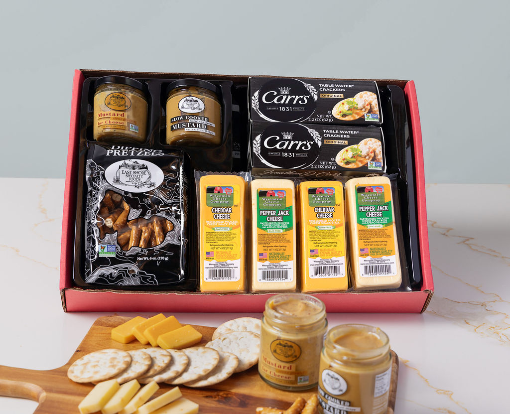 Gourmet Cheese, Cracker and Dipping Pretzel Gift Box - A Great Charcuterie Gift