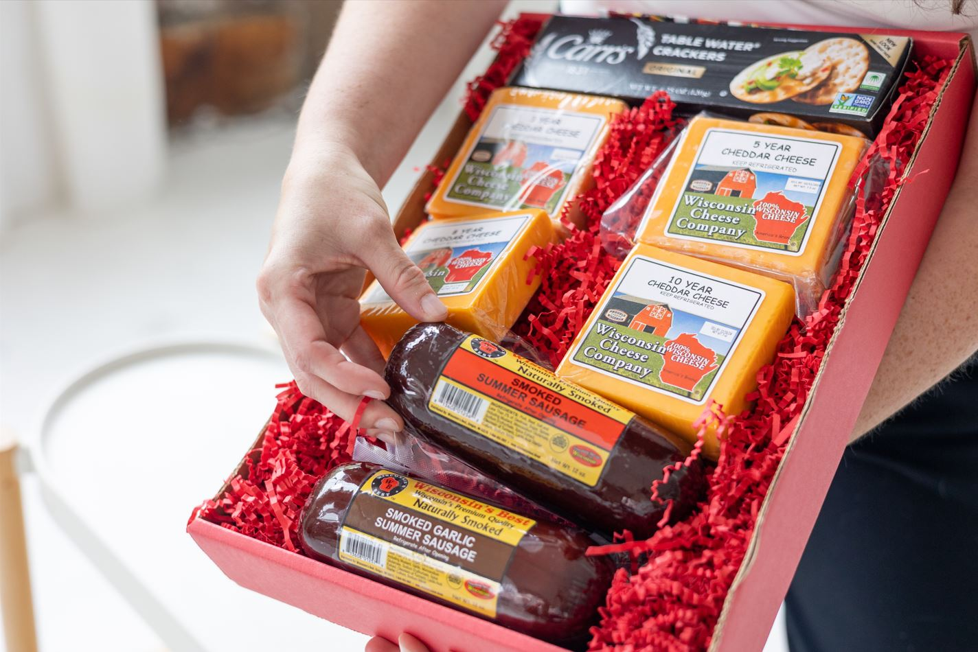 Cheese and sausage gift box with 2 blocks of cheddar cheese, sausage and crackers