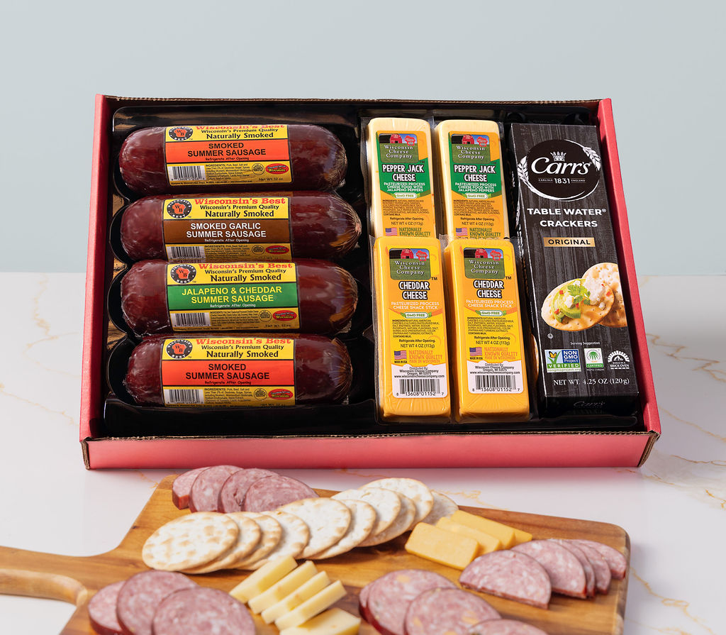 Wisconsin Ultimate Mancave Summer Sausage & Pepper Jack & Cheddar Cheese & Cracker Gift Box, A Great Family Gourmet Gift. Perfect Gift for Birthdays