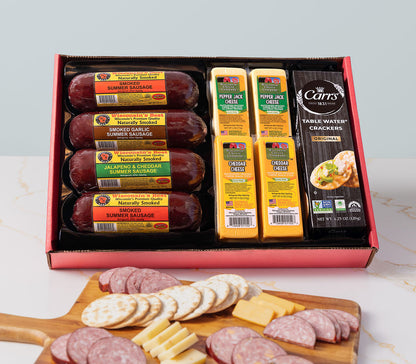 Wisconsin Ultimate Mancave Summer Sausage & Pepper Jack & Cheddar Cheese & Cracker Gift Box, A Great Family Gourmet Gift. Perfect Gift for Birthdays