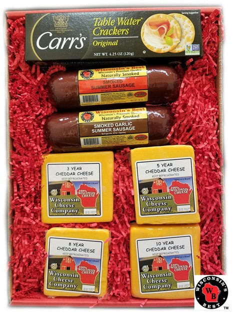 The Best Wisconsin Big Deluxe Elite Aged Cheddar, Sausage & Cracker" Gift Basket.  A Top Selling Favorite for Cheddar Cheese Lovers