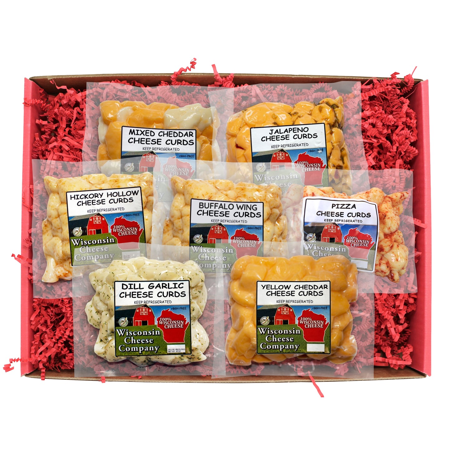 Big Deluxe Cheese Curd Sampler, 10oz Flavored Cheese Curds (7 count), Famous & Fresh, Cheese Gift Basket.