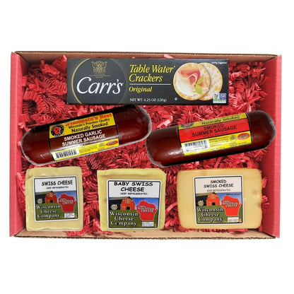 Gift box with cheese, crackers and sausage