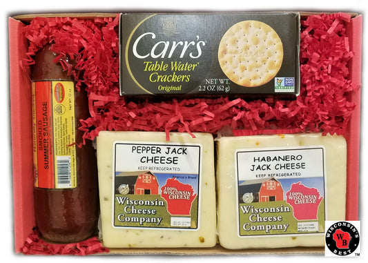 Gift box with crackers, sausage and cheese