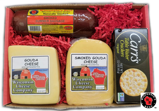 Gift box with crackers, sausage and cheese