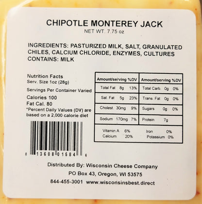 Chipotle Monterey Jack Cheese (7 oz. Per Block) Great for Charcuterie Boards