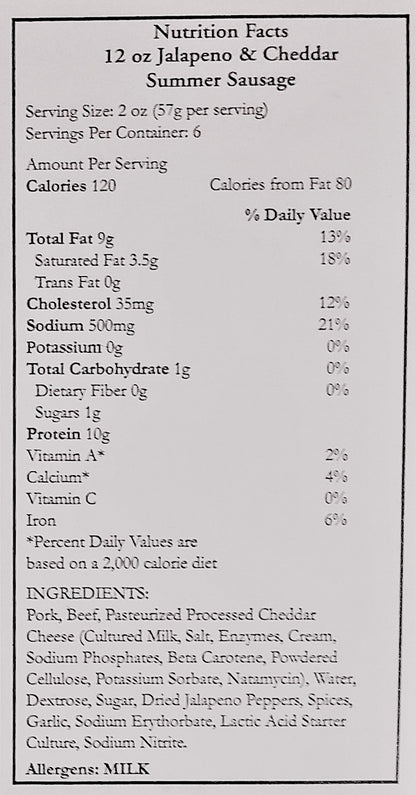 Jalapeno & Cheddar Summer Sausage Hickory Smoked (12 oz.)