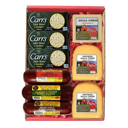 Gift box with cheese, crackers and sausage