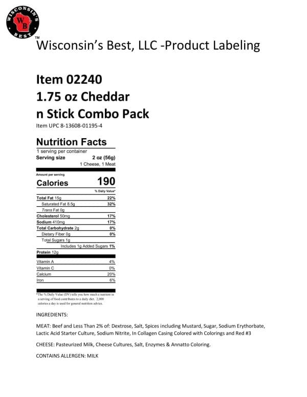 1.75 Oz Cheddar N Stick Nutritional Labeling