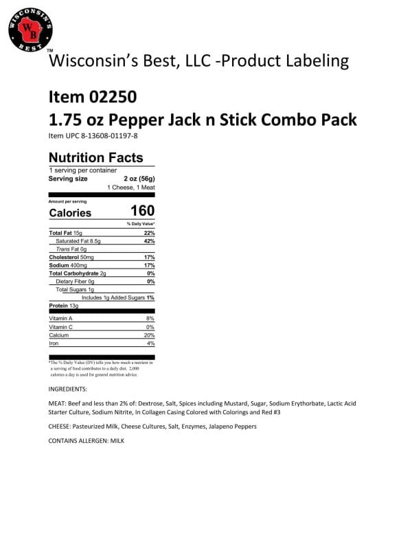 1.75 Oz Pepper Jack N Stick Nutritional Labeling