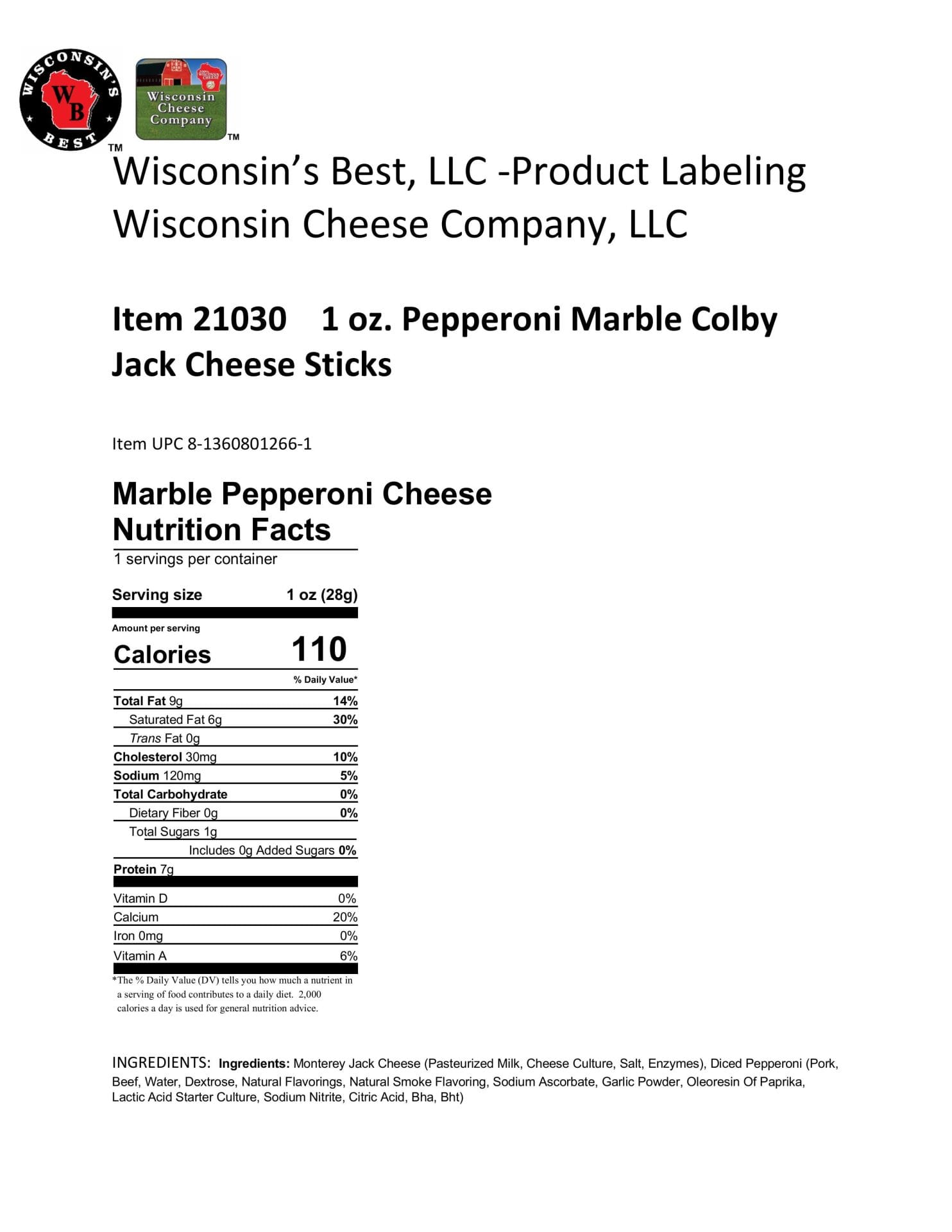 Pepperoni Marble Colby Jack Cheese Sticks Nutritional Labeling