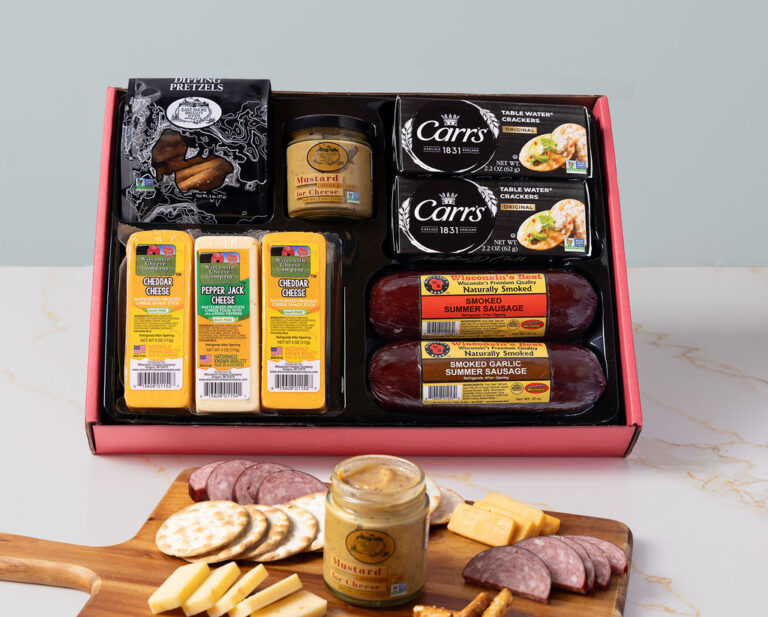 Deluxe Classic Cheese, Sausage, Cracker and Gourmet Dipping Gift Box Gallery Image