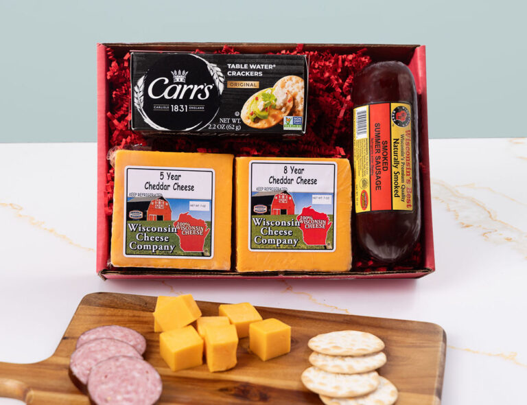 Deluxe Elite Aged Cheddar Cheese, Sausage & Cracker Gift Box Gallery Image