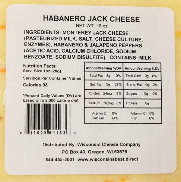 Habanero Jack Nutritional Label