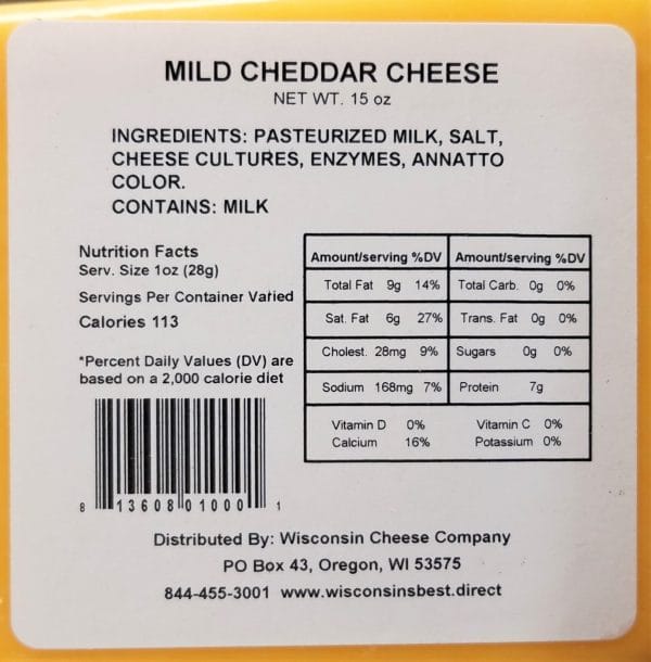 Mild Cheddar Nutritional Label